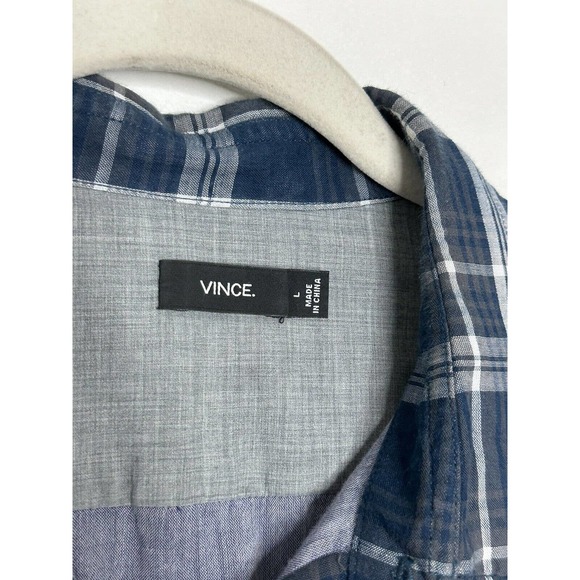 VINCE Mens Button Front Blue Plaid Long Sleeve 100% Cotton Shirt Top Sz Large - Picture 3 of 7